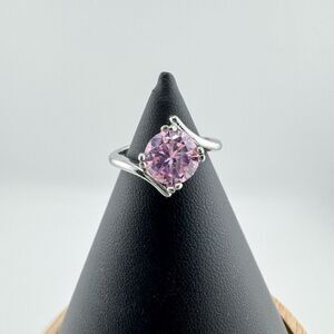 Vintage Silver Tone Ring Pink Round Rhinestone Solitaire Retro Cocktail Glamour